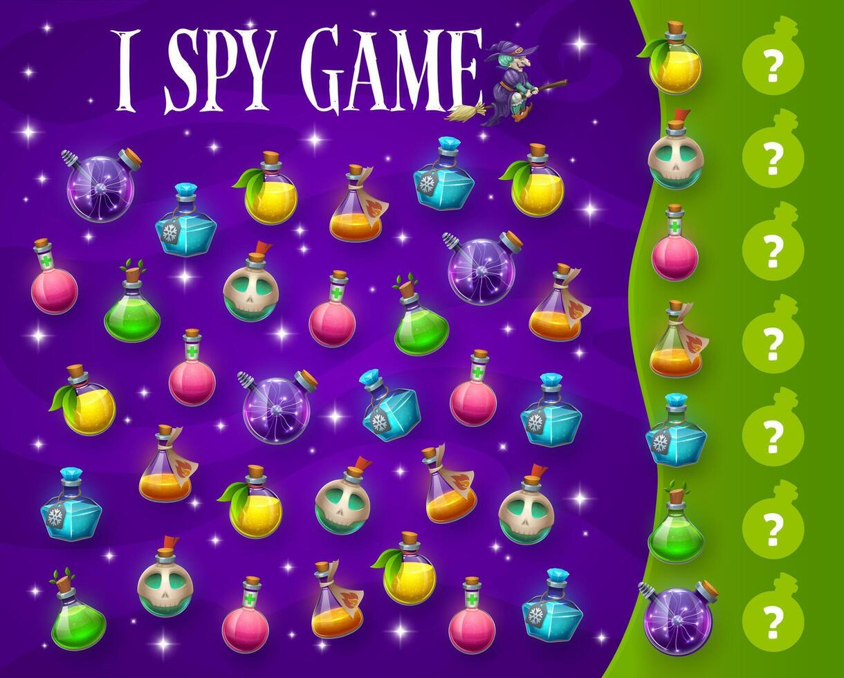 Halloween kids I spy game of witch potion bottles vector