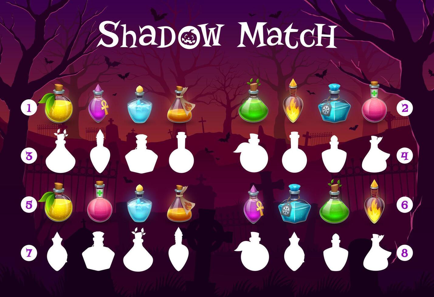 Halloween shadow match game, witch potion bottles vector