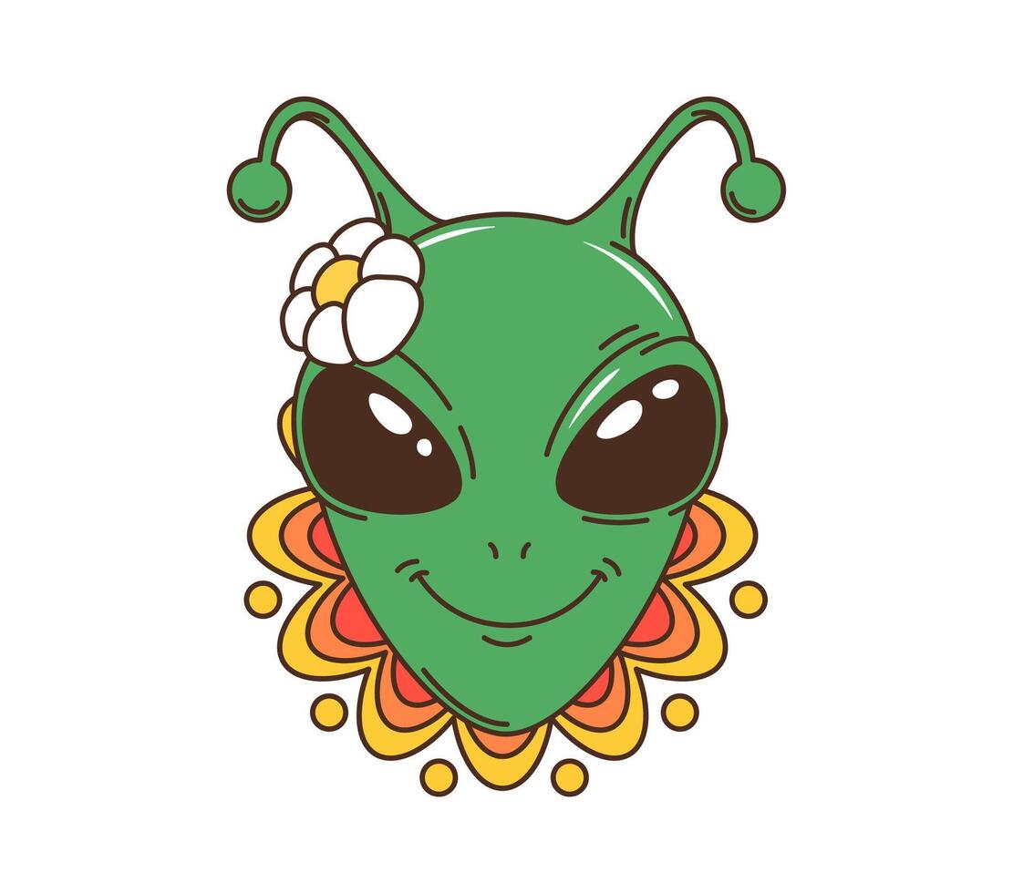 Cartoon groovy space funny alien in daisy flowers vector