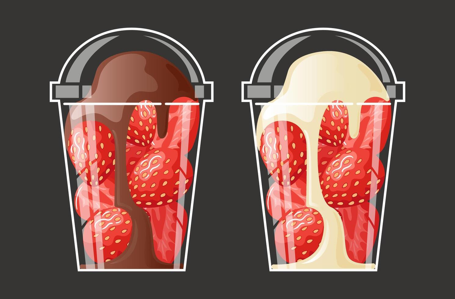 Set Viral trendy strawberries in a glass with black and white chocolate icing, cream. food illustration in realistic style. Takeaway food. Small business. Healthy food, veganism. vector