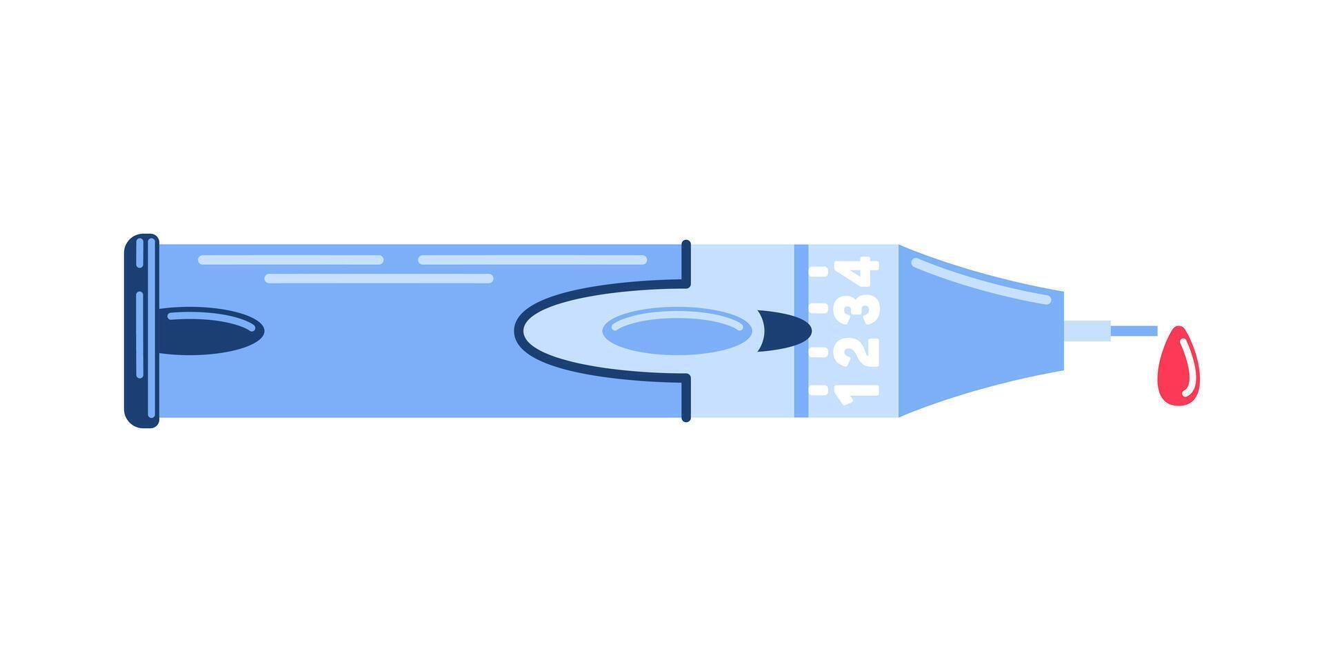Automatic lancet for glucometer. drop of blood for analysis. illustration flat style. Diabetes. Medical equipment. Glucose levels are normal. health monitoring, wellness gadgets, smart devices vector