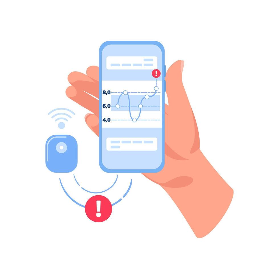 World diabetes day. Independent glucose monitoring system, the sensor sends a signal, application on the phone. Hyperglycemia or hypoglycemia treatment, insulin therapy. Endocrinology system disease. vector
