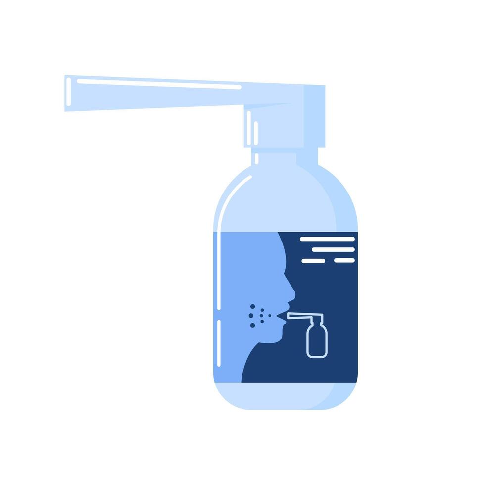 Spray for sore throat. Disease, woman silhouette, pain point. illustration in flat style. Inflammation of the oropharynx, soreness. Irrigation of the pharynx vector