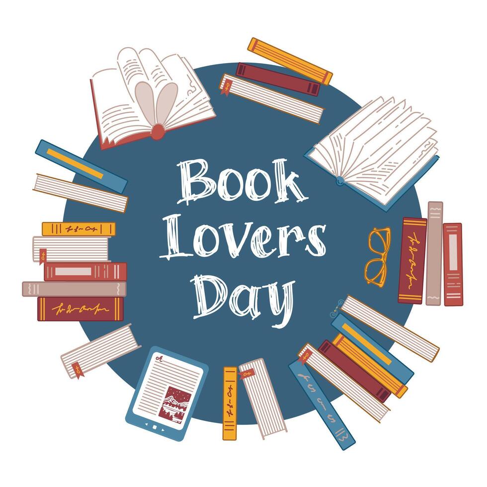 Book Lovers day, club. Round frame made of books. Stacks of textbooks, e-book, glasses. Concept for lovers of reading. illustration in doodle style. For banner, website vector