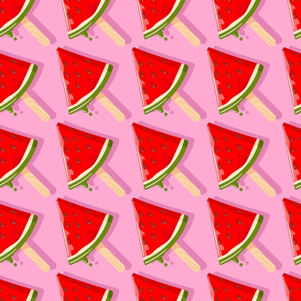 Watermelon ice cream melts and drips. juice fruit ice, popsicle. Frozen dessert. Summer time. Hand drawn cartoon illustration. Seamless pattern for wallpaper, fabric, wrapping, background vector