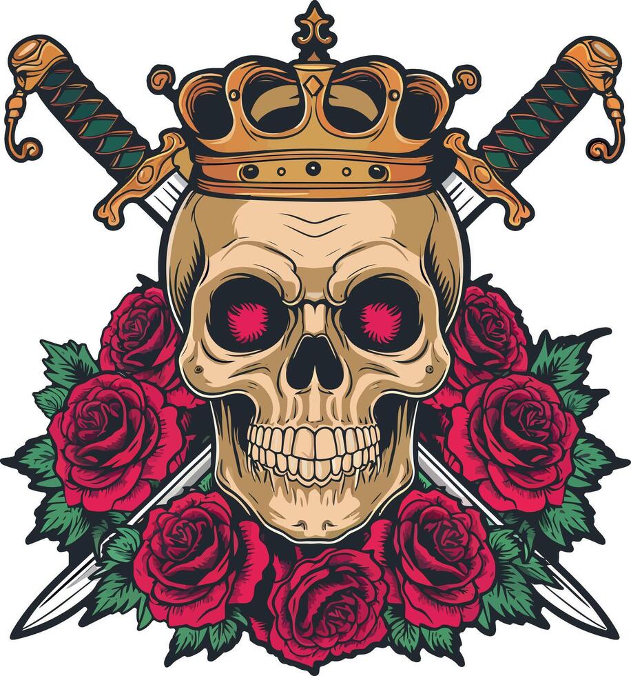 man skull with crown and rose flower and sword illustration vector
