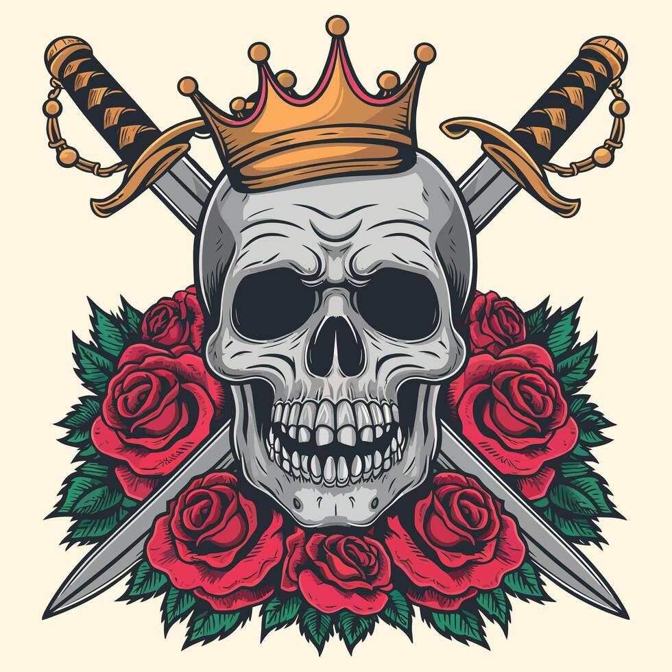 man skull with crown and rose flower and sword illustration vector