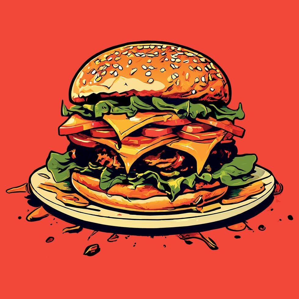 burger design flat color, Cheese Burger Cartoon illustration, Simple Burger flat illustration vector