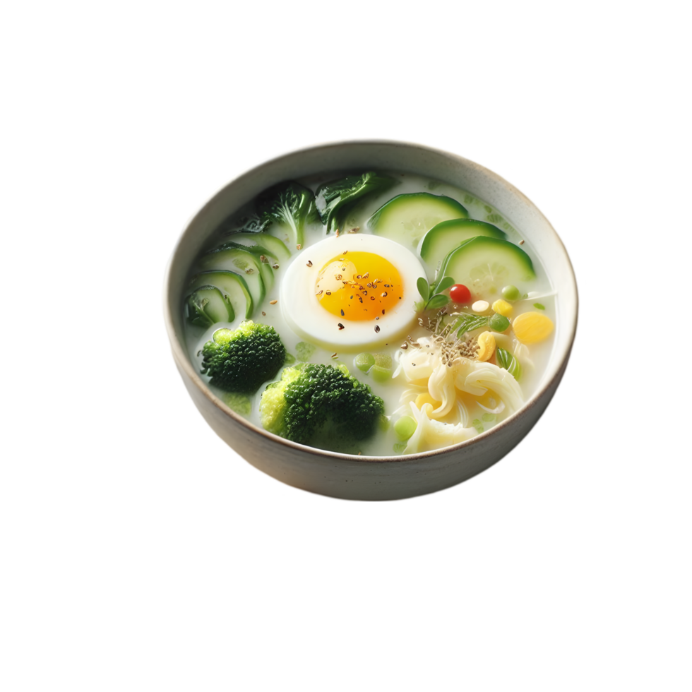 Bowl of soup with an egg and vegetables isolated from background png