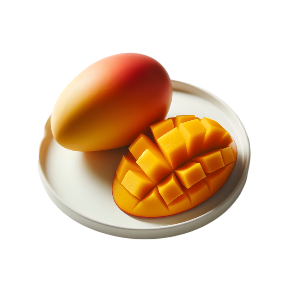 Mango on plate with cut in half isolated from background png