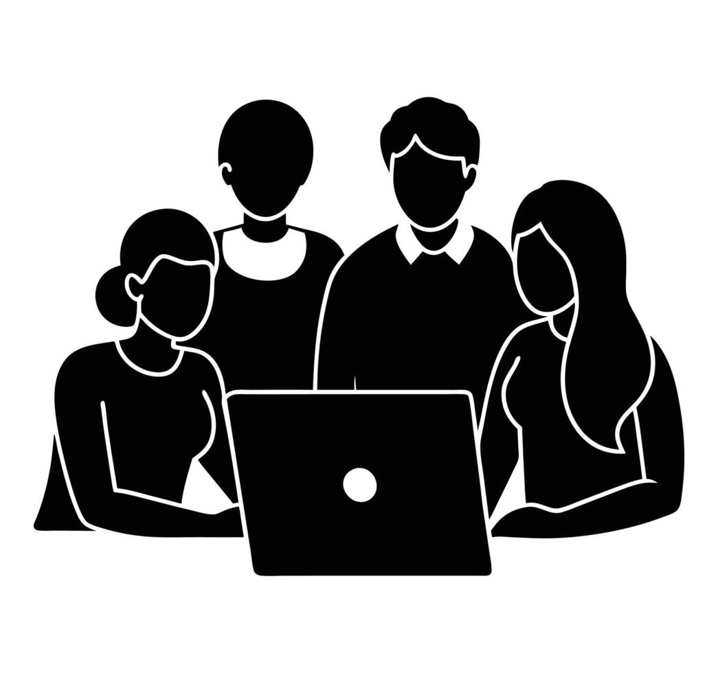 Diverse Group Discussing Around Laptop Silhouette vector