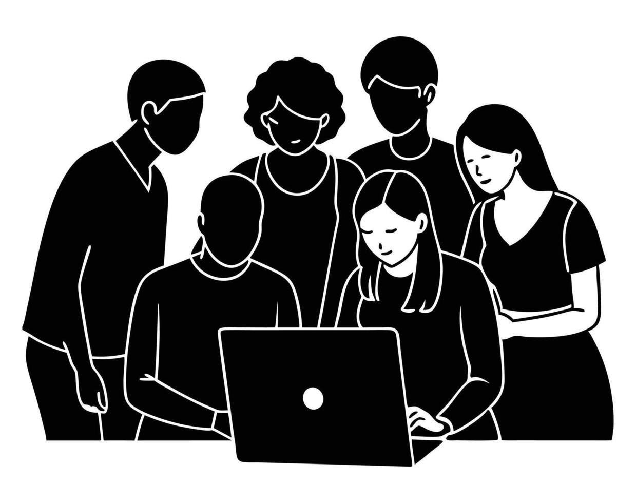 Diverse Group Discussing Around Laptop Silhouette vector