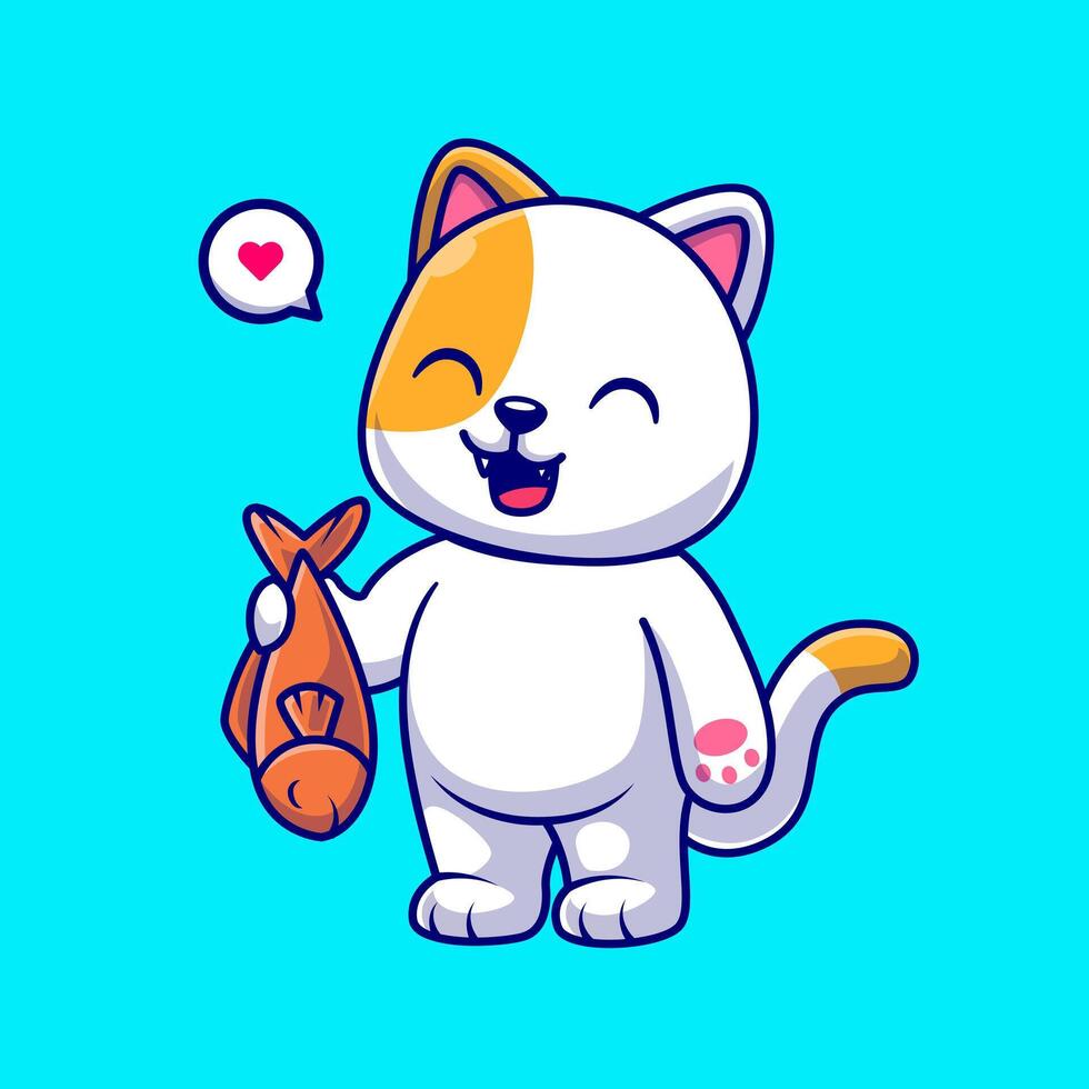 Cute Cat Holding Fish Cartoon vector