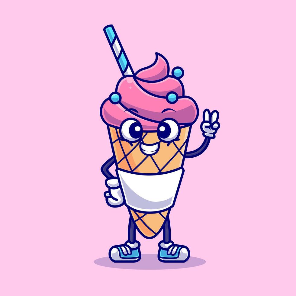 Cute Ice Cream Cone With Peace Hand Cartoon vector