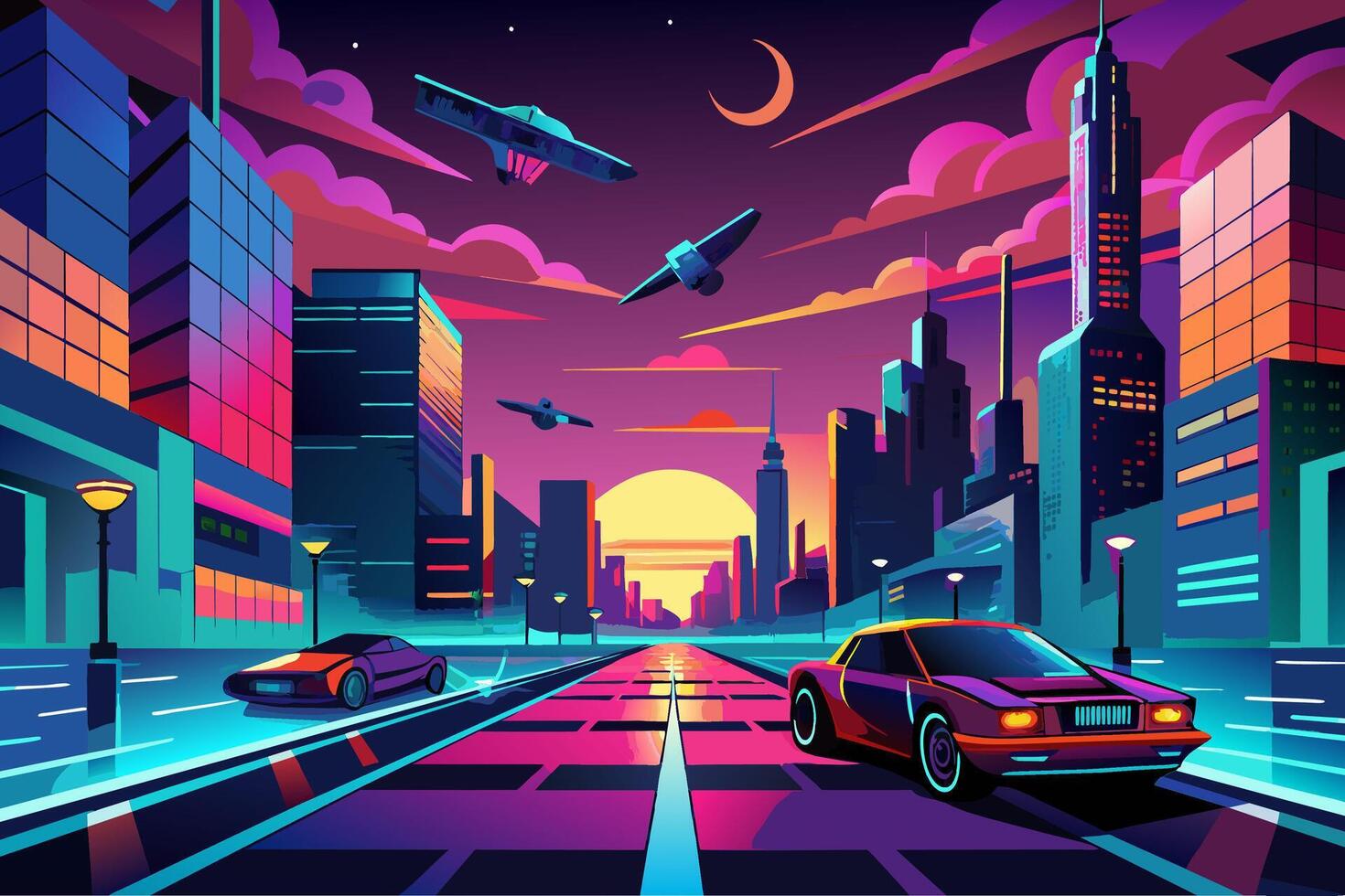 Retro-futuristic city with flying cars and neon lights Illustration vector