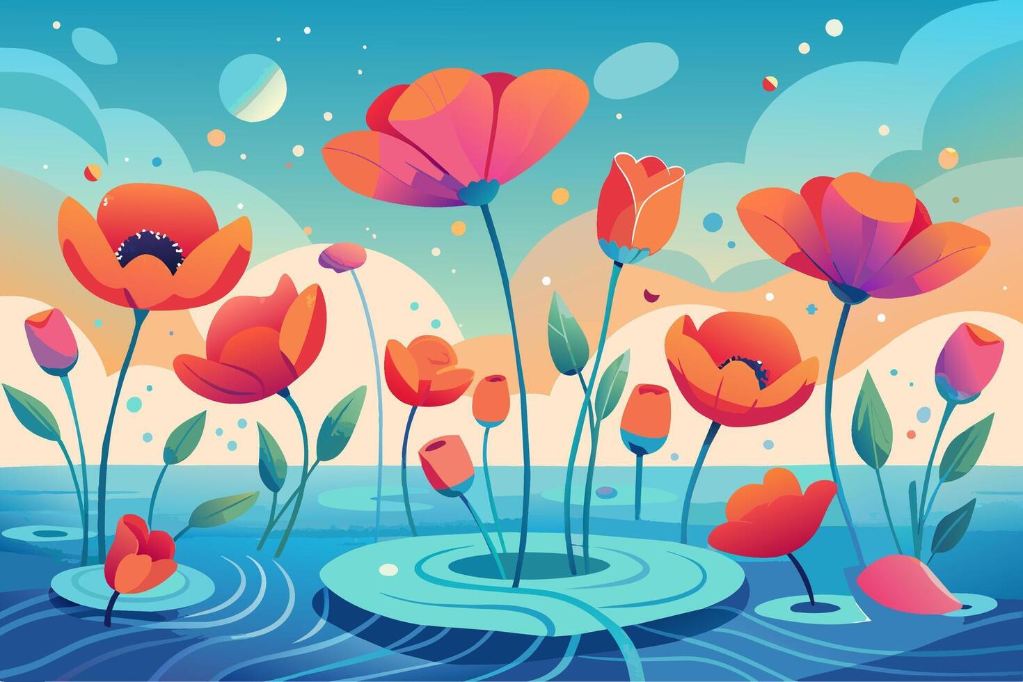 dreamy poppies flower floating in the water illustration, Beautiful poppies flower in water illustration vector