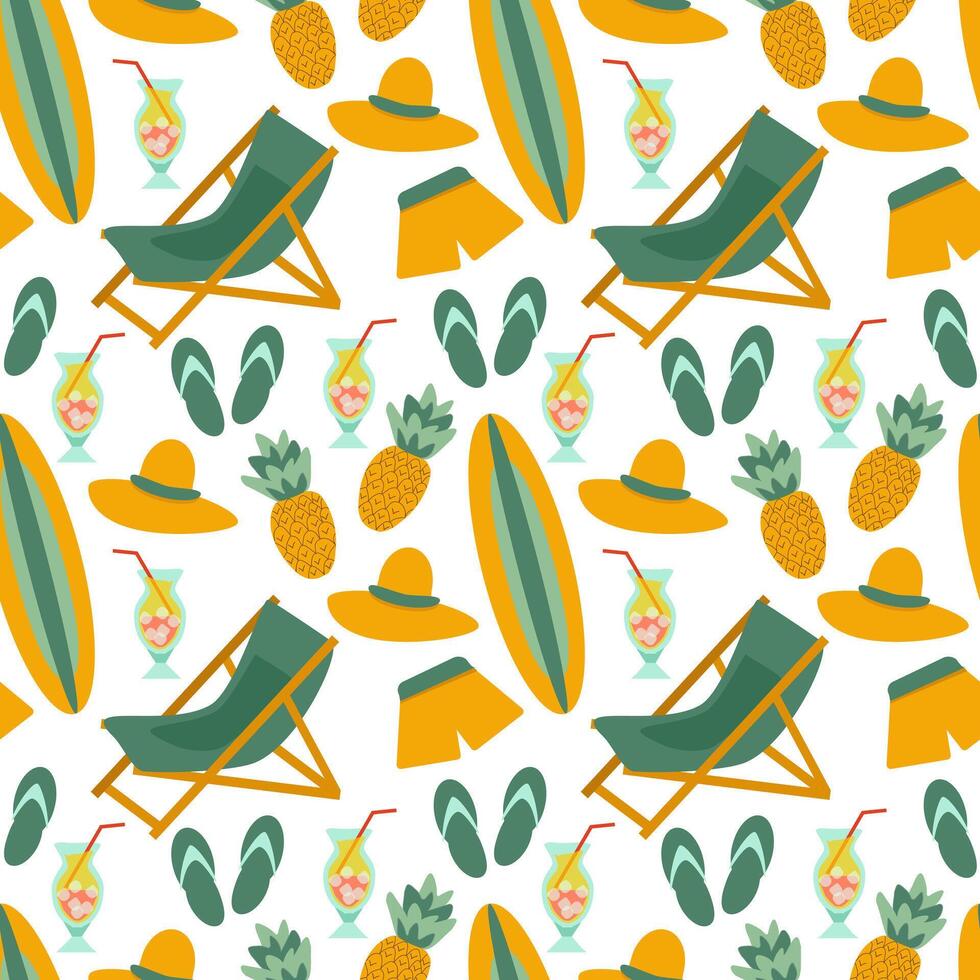 Seamless pattern beach vacation - folding chair, cocktails with ice in glass goblets with straws, pineapples, shorts, surfboard, brimmed hat and flip-flops on white background vector