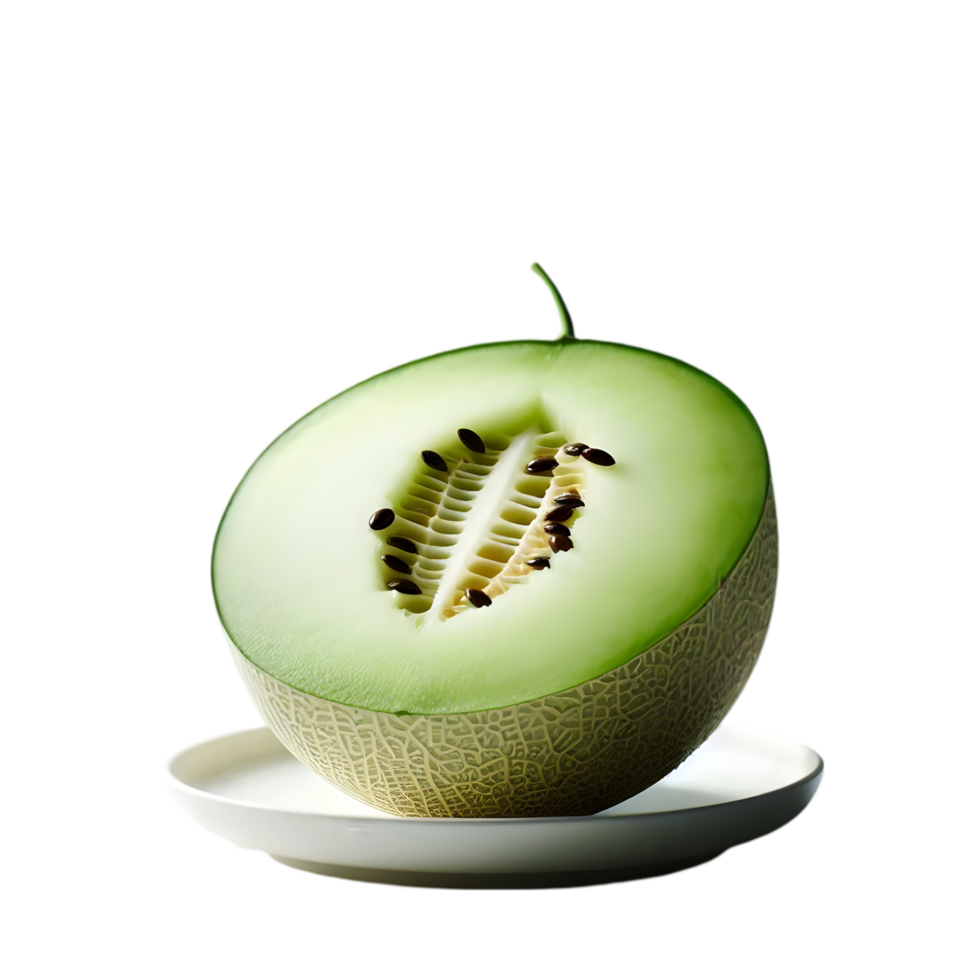 Melon on a plate with a slice cut in half on transparent background png
