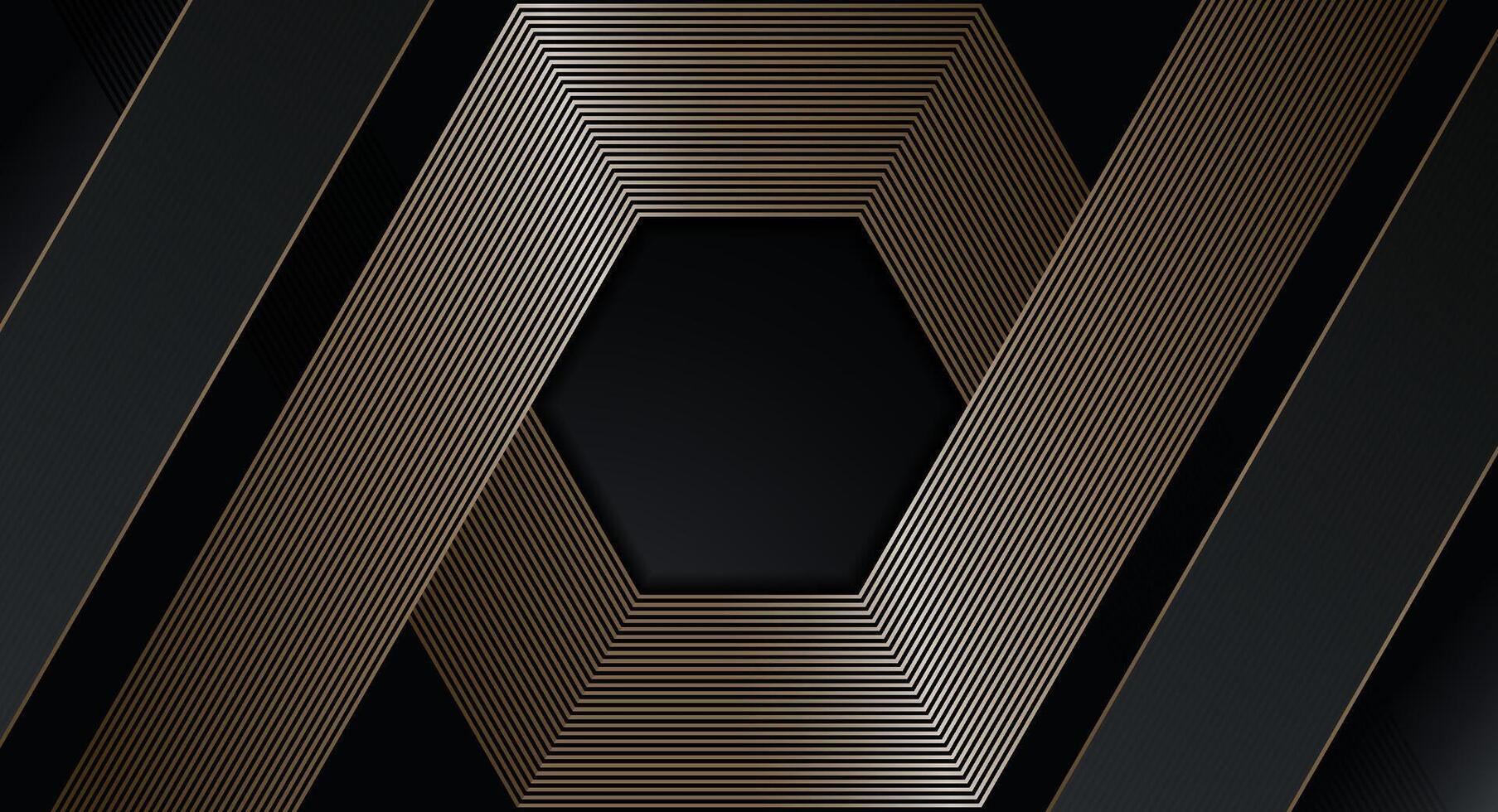 Abstract black background with hexagonal gold line. Luxury style with geometric pattern. Modern rounded texture. Suit for banner, cover, poster, presentation, etc. vector