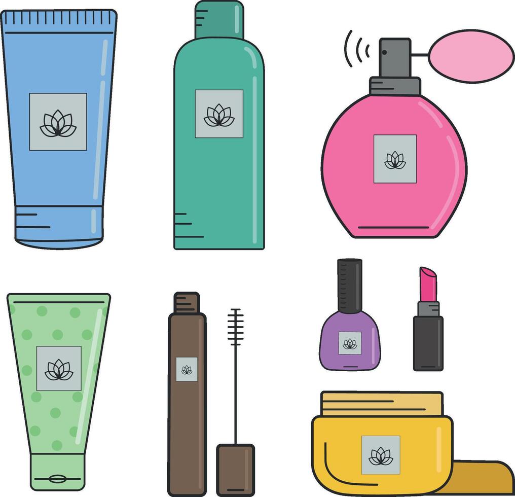 De las mujeres cosmético colocar. mano y cara crema, lápiz labial, perfume, uña polaco, máscara y cuerpo loción. orgánico productos cosméticos. un conjunto de de colores cosmético iconos vector