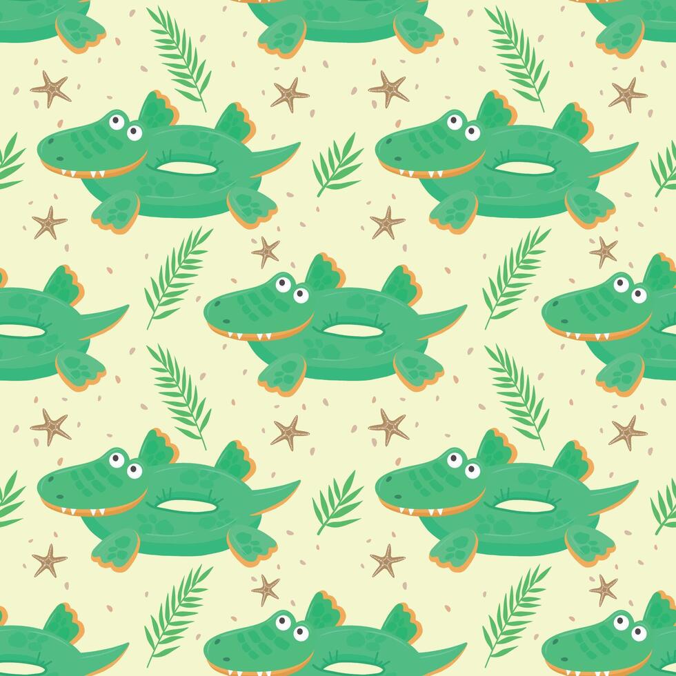 An exotic pattern with a swimming circle with crocodiles and palm leaves. Seamless swimming circle wallpaper with crocodiles, palm leaves and starfish. seamless marine pattern. illustration vector