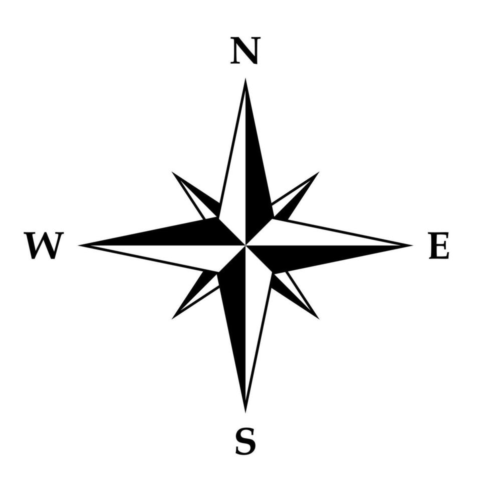 Compass rose symbol, black and white illustration of four cardinal directions, white background vector