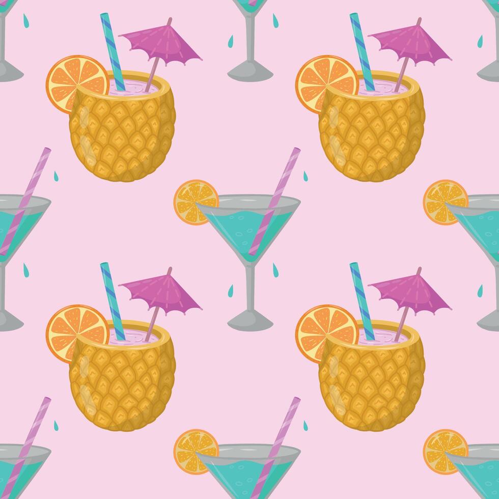 Summer seamless pattern with hand-drawn alcoholic cocktails. Vintage background with drinks, pineapples, martinis on pink background for textiles, wrapping paper, menu vector