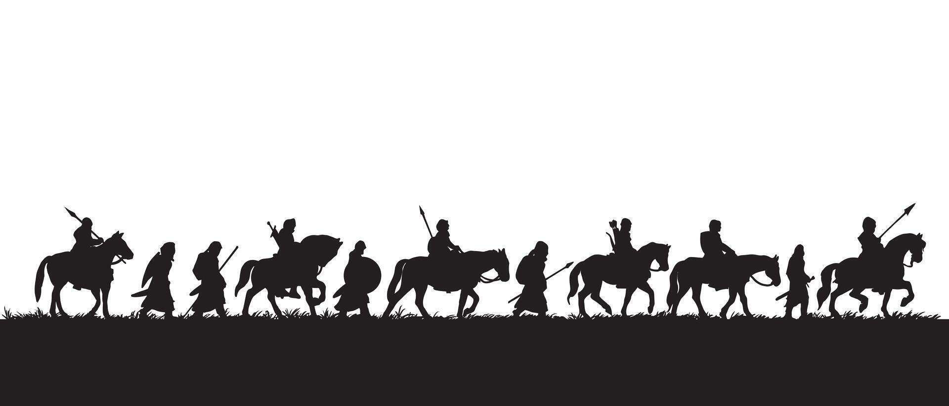 silhouette of group of medieval warriors on the expedition, black illustration on white background vector