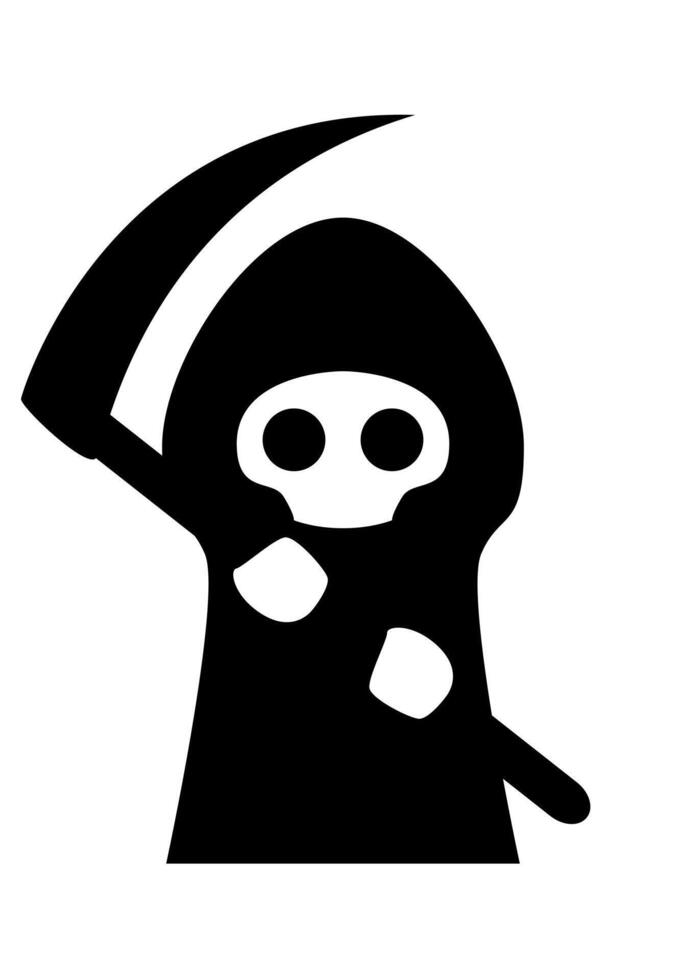 Cute Grim reaper - a funny cartoon skeleton death in a black cloak with a hood and a scythe, black and white illustration on white background vector