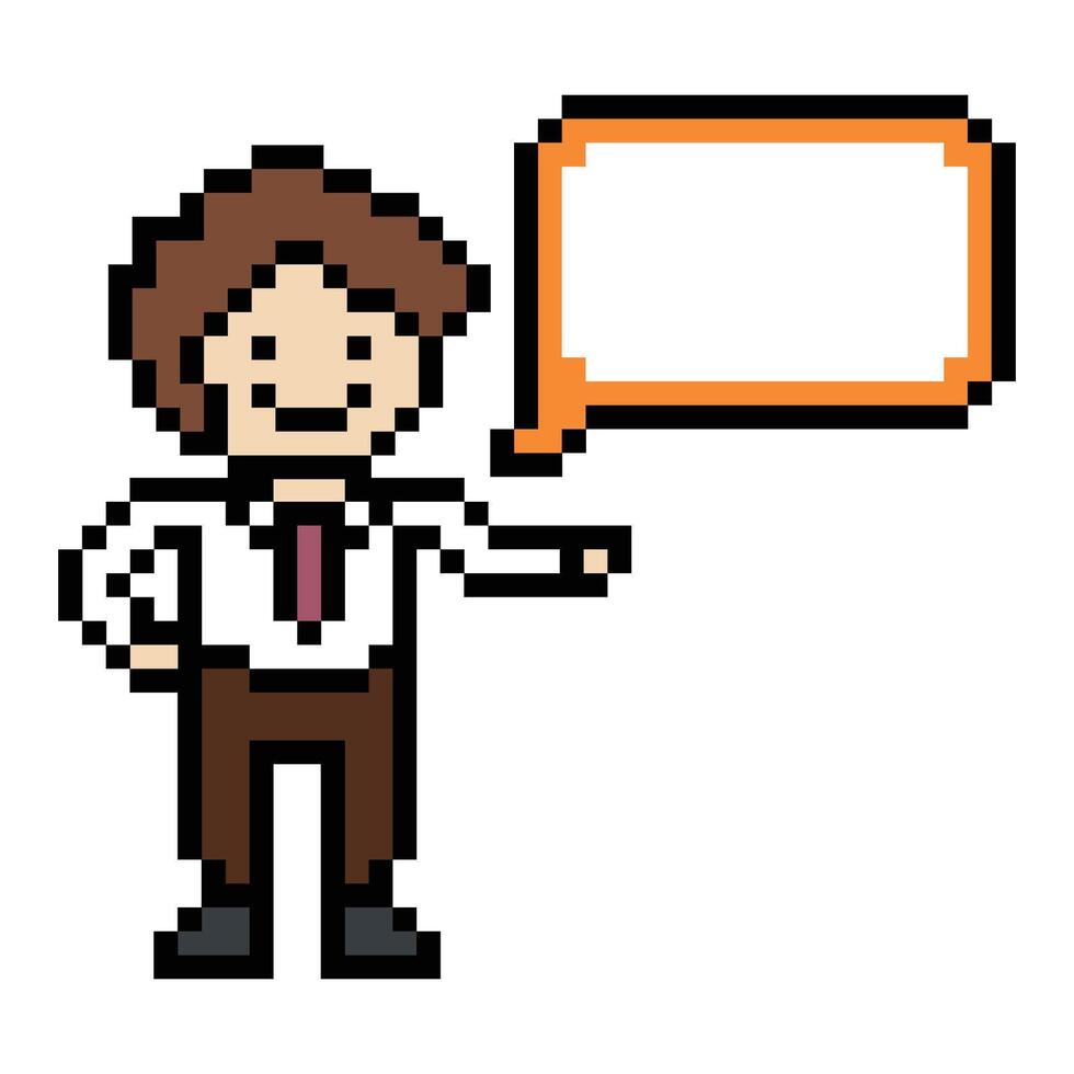 Cute pixel cartoon 8bit character business man businessman smart chat box for decoration business 8 bit male career smart character game. vector