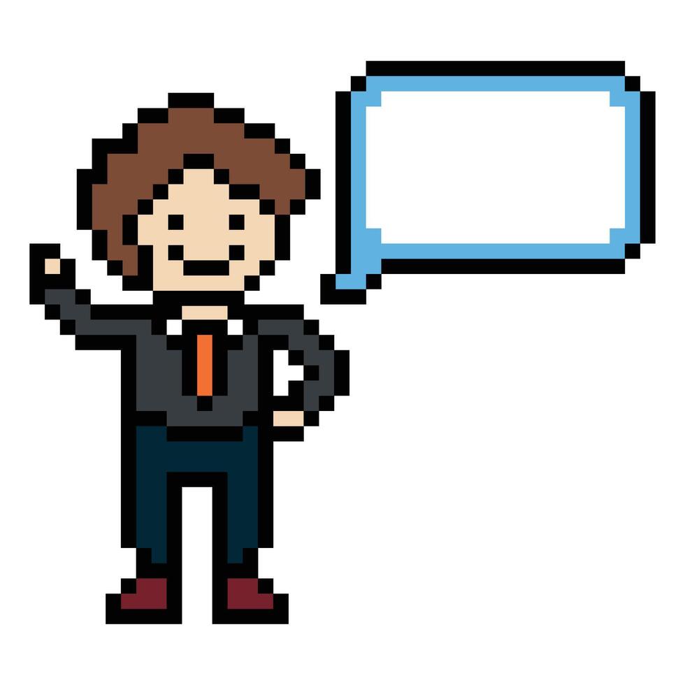 Cute pixel cartoon 8bit character business man businessman smart chat box for decoration business 8 bit male career smart character game. vector