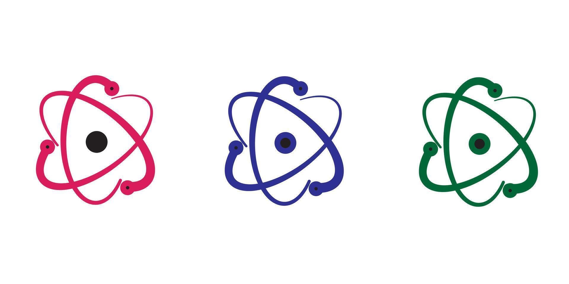 Atom molecule icon. Molecular science, set of electron and neutron for scientific research with three color vector