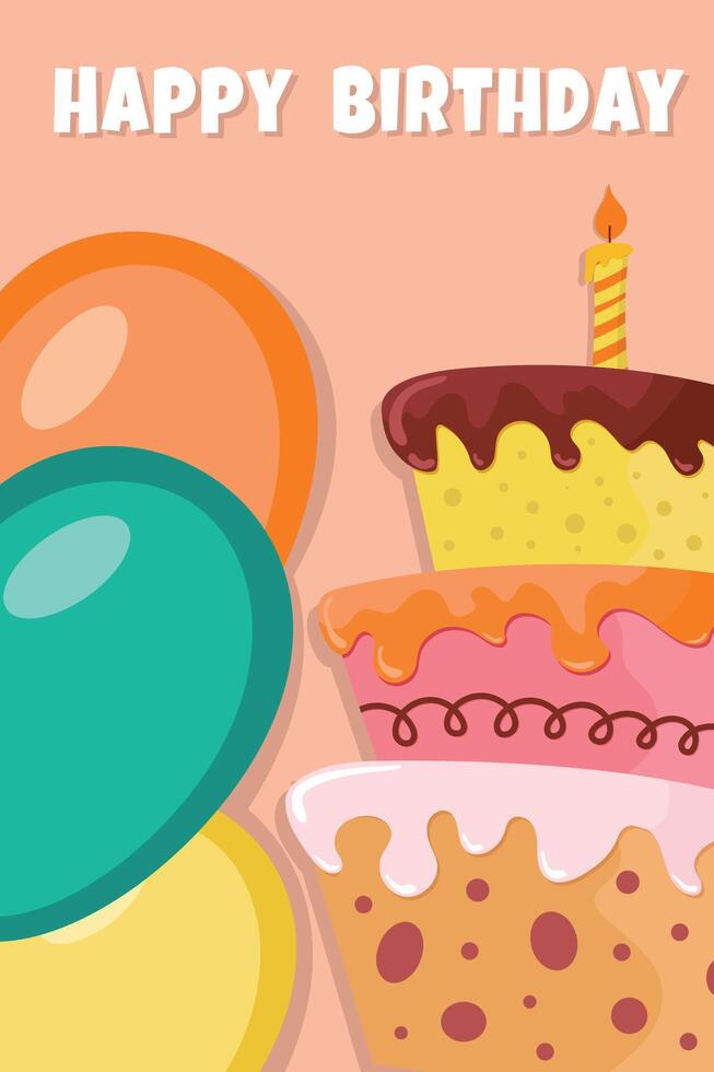 Happy Birthday card with bright balloons and creative cake. vector