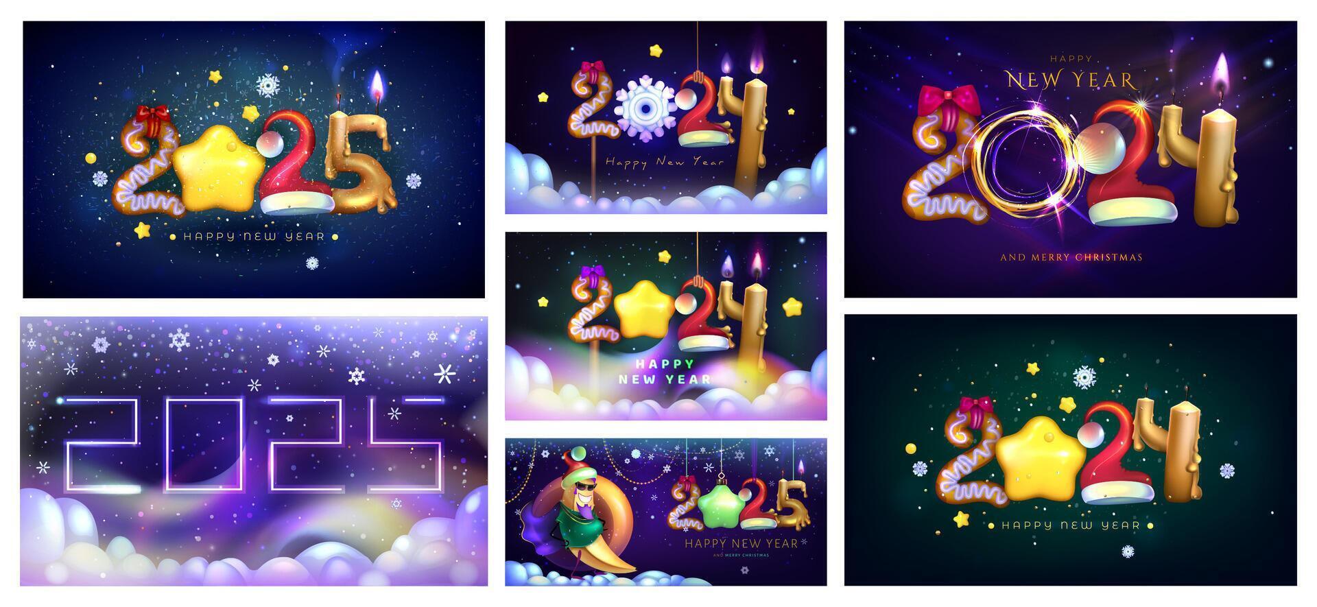 Collection of festive cards. Atmospheric Happy New Year and Merry Christmas banners. Realistic funny design from numbers in the shape decorations. Glowing candle , cookie,star, 2025 vector