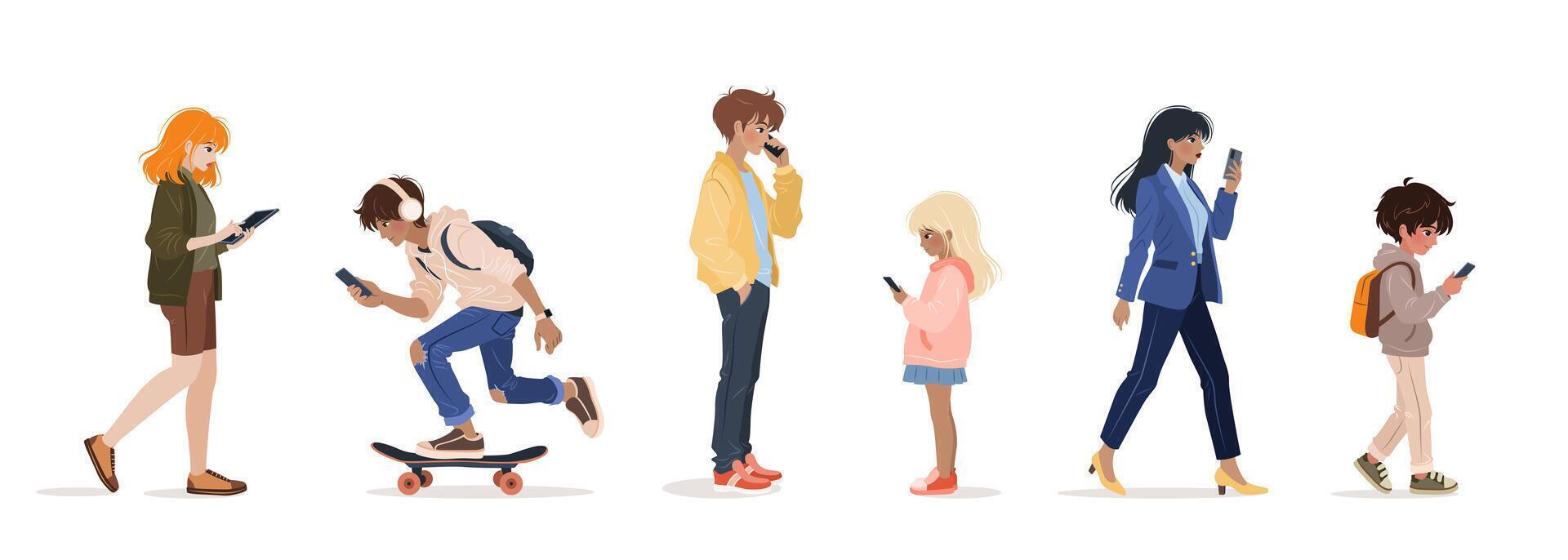 Diverse people of different ages using smartphone, surfing internet, chatting. Female and male characters, young adults and kids holding gadget, mobile phone, tablet. isolates illustrations. vector