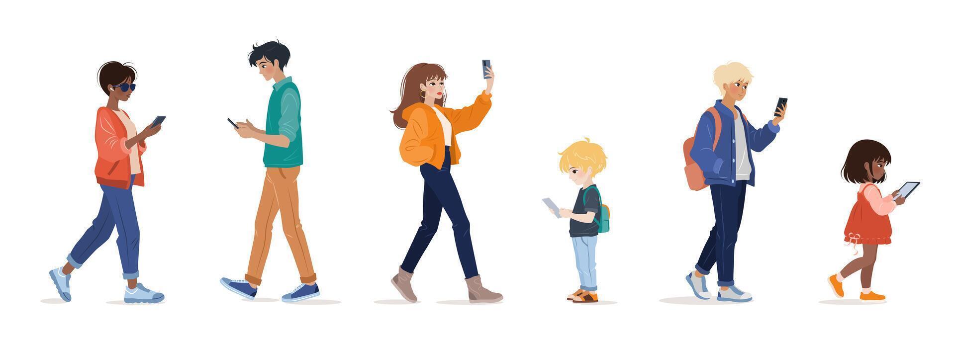 Diverse people of different ages using smartphone, surfing internet, chatting. Female and male characters, young adults and kids holding gadget, mobile phone, tablet. isolates illustrations. vector