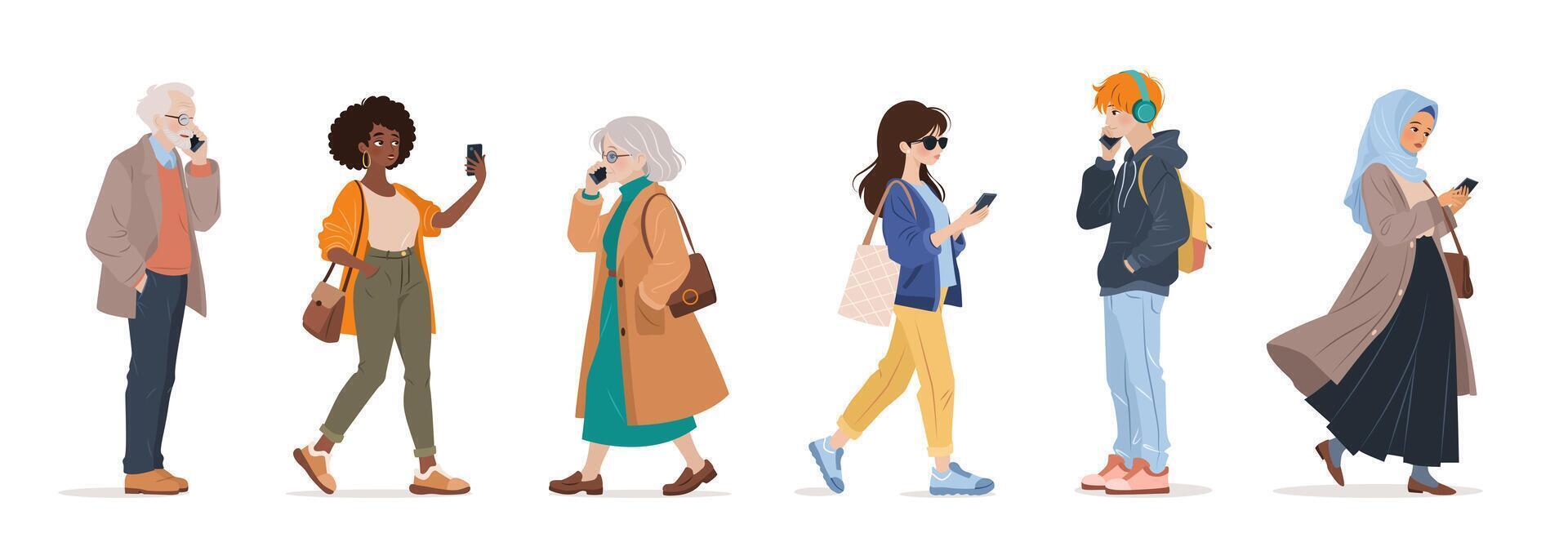 Diverse people of different ages using smartphone, surfing internet, chatting. Female and male characters, young adults and elderly people holding gadget, mobile phone, isolated illustrations. vector