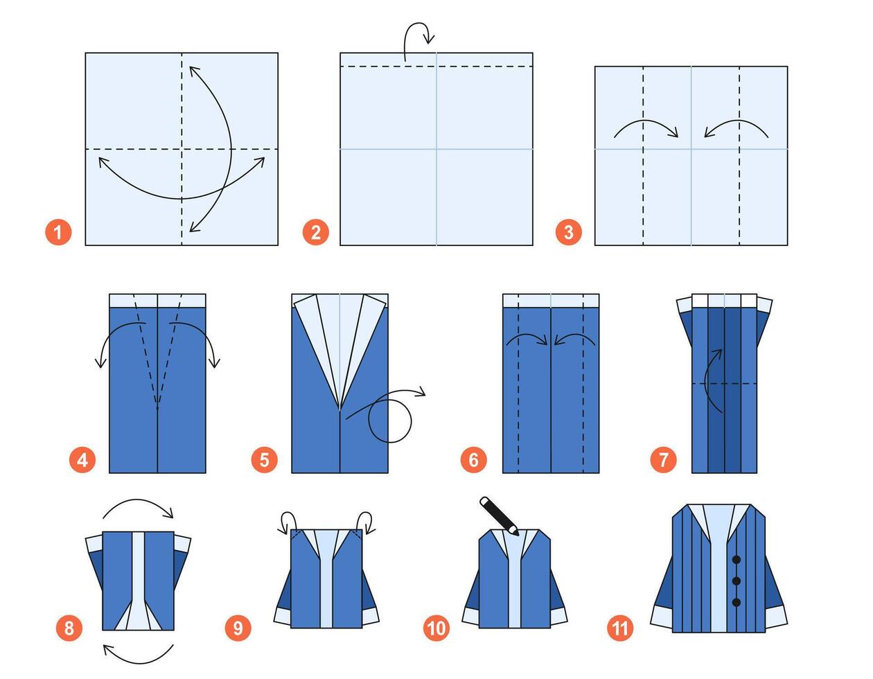Sweater origami scheme tutorial moving model. Origami garment for kids. Step by step how to make