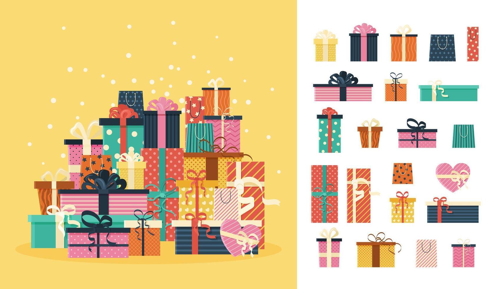 Festive holiday design elements, on a stack or pile. Various gift boxes on yellow background and isolated present packages on white for happy birthday, Christmas, sale design. vector