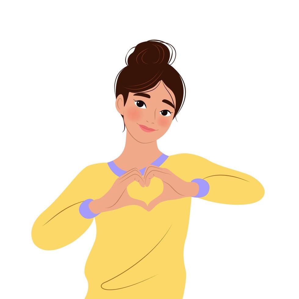 Beautiful young woman showing sign of heart with her hands and smiling. illustration for print, poster, cover, greeting card. isolated modern art on white background. Close-up female portrait. vector