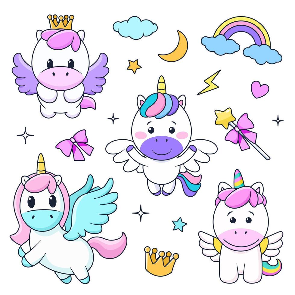 Bundle with cute cartoon unicorn and pony. isolated illustrations for childish print, birthday design, invitation, baby shower card, stickers. Clip arts on white background. Magical elements. vector