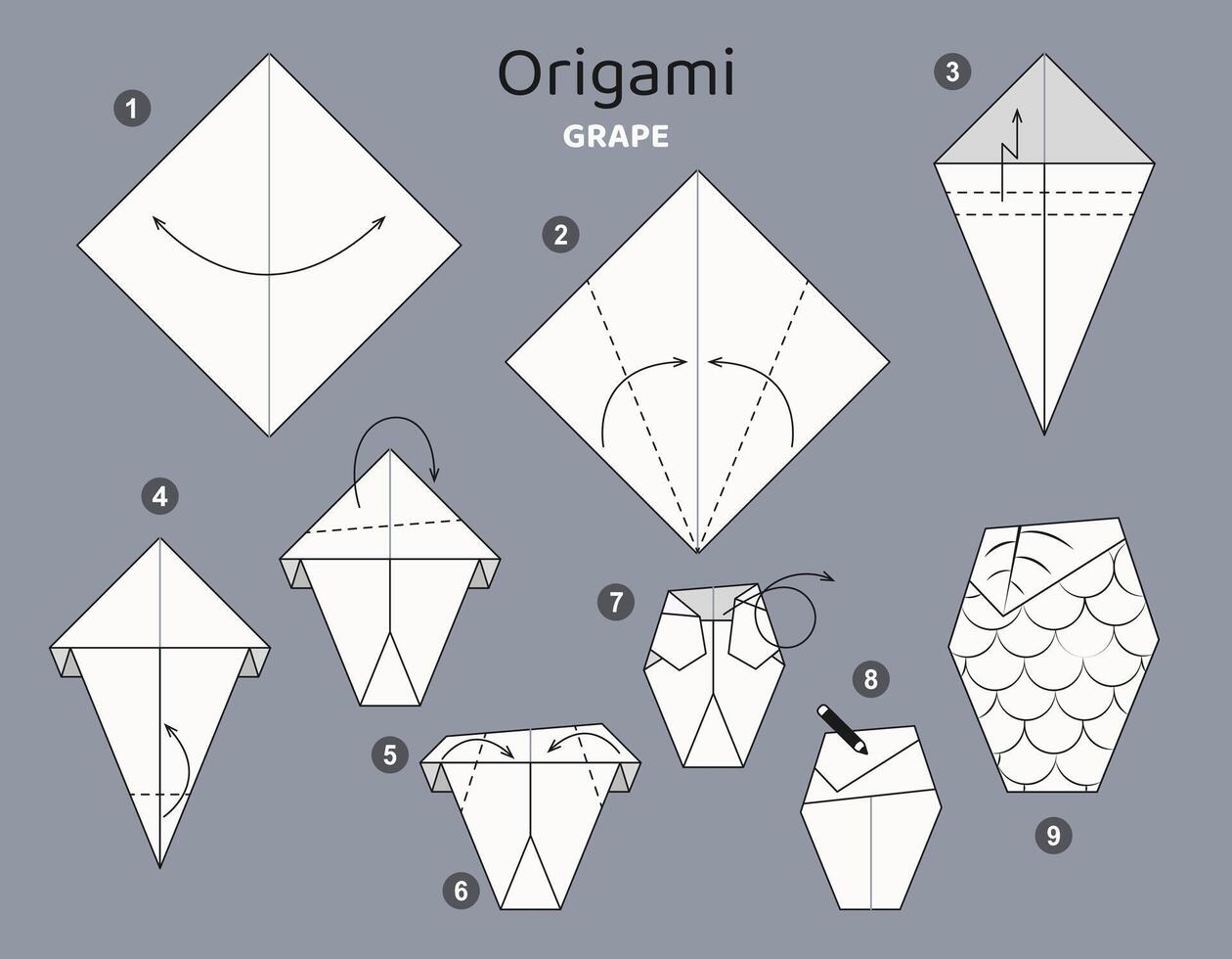 Grape origami scheme tutorial moving model. Origami berry for kids. Step by step how to make paper fruit. illustration. vector