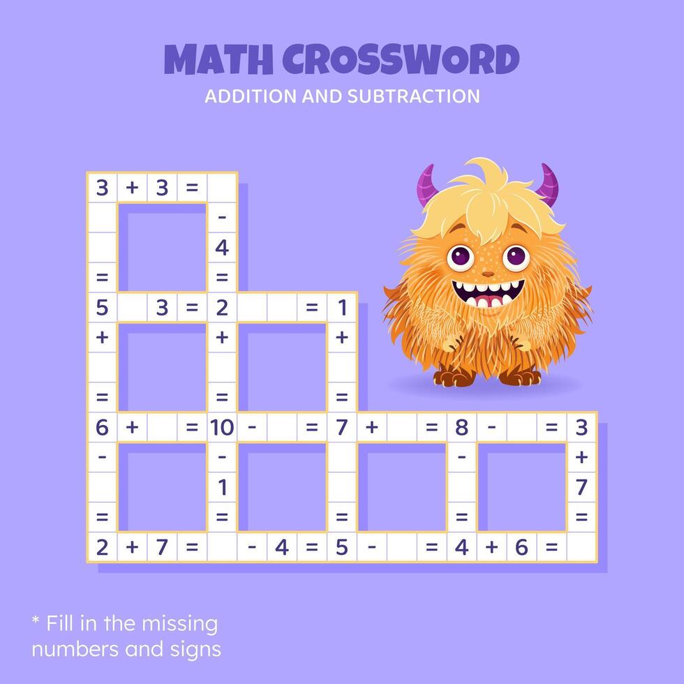 Math Crossword puzzle for kids. Addition and subtraction. Counting up to 10. Game for children. illustration. Colorful crossword with cartoon monster. Task, education material for kids. vector