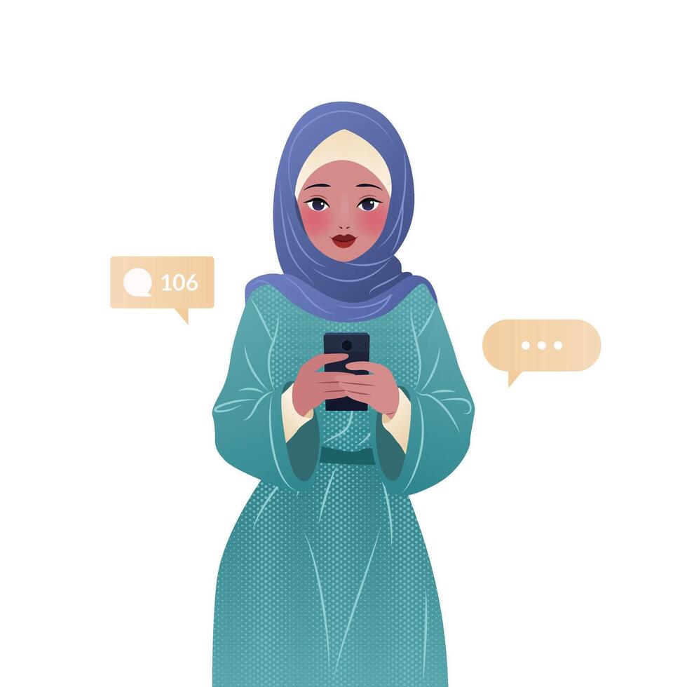 Muslim woman in hijab standing and using her smartphone. Character holding a mobile phone in her hands, surfing internet and chatting. isolated illustration on white background. vector