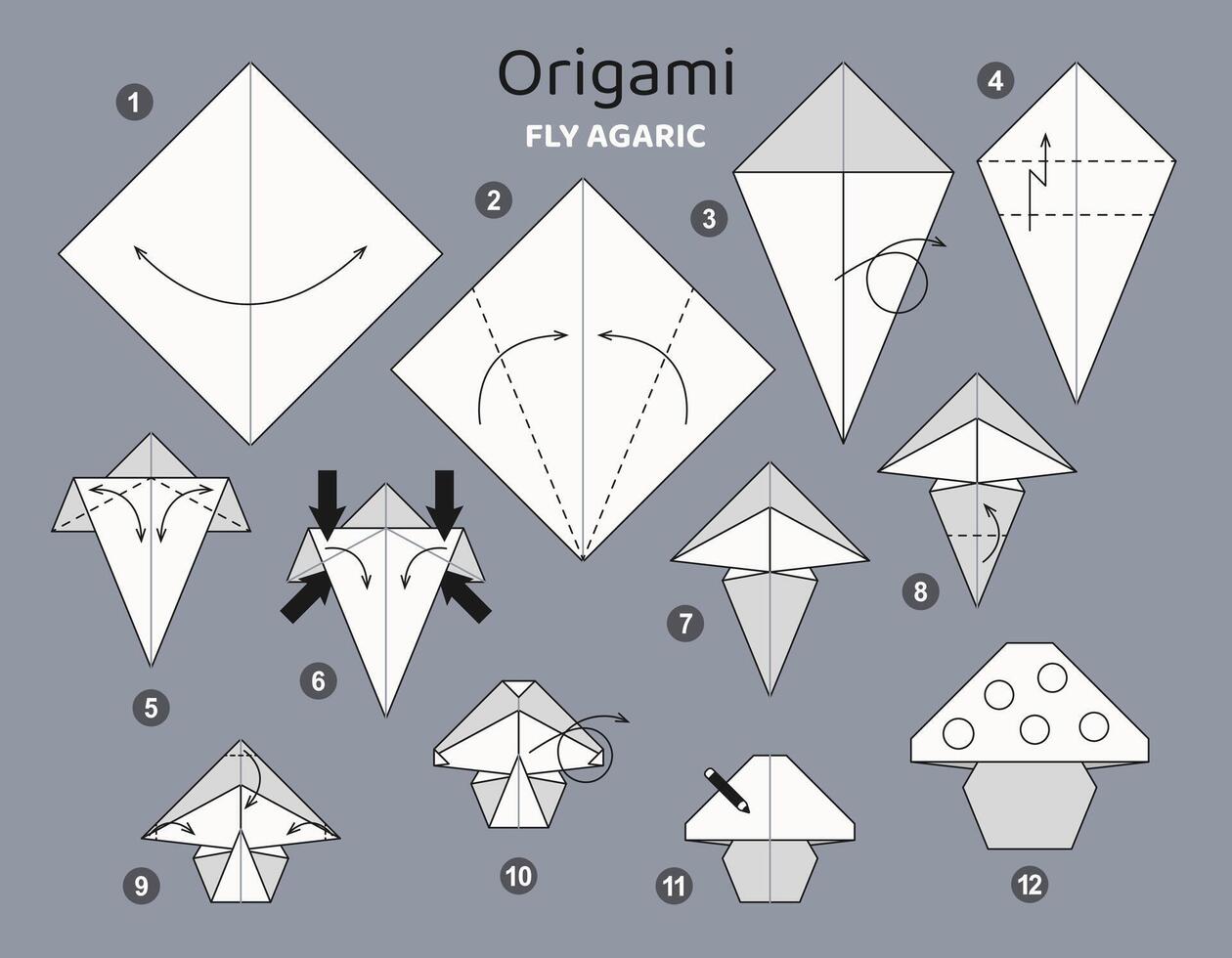 Mushroom origami scheme tutorial moving model. Origami for kids. Step by step how to make paper fly agaric. illustration. vector