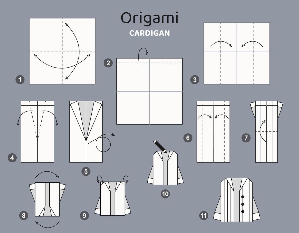 Sweater origami scheme tutorial moving model. Origami garment for kids. Step by step how to make paper cardigan. illustration. vector