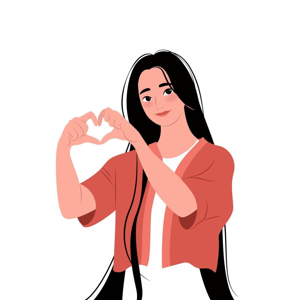 Beautiful young woman showing sign of heart with her hands and smiling. illustration for print, poster, cover, greeting card. isolated modern art on white background. Close-up female portrait. vector