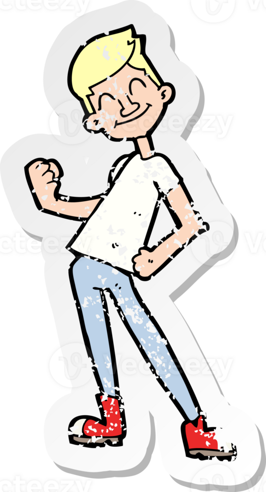retro distressed sticker of a cartoon celebrating man drawing png