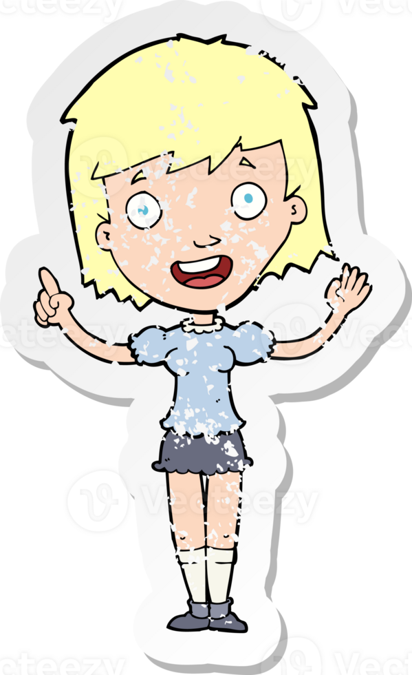 retro distressed sticker of a cartoon woman pointing drawing png