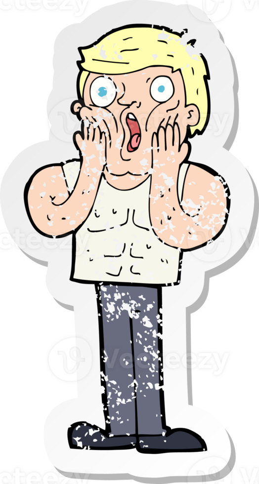 retro distressed sticker of a cartoon shocked gym man drawing png